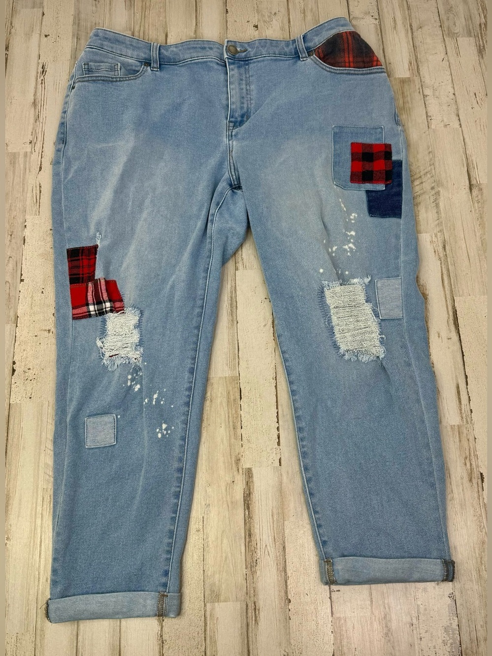 Lane Bryant Mid Rise Boyfriend Jeans Size 16 (40x27) Plaid Patchwork